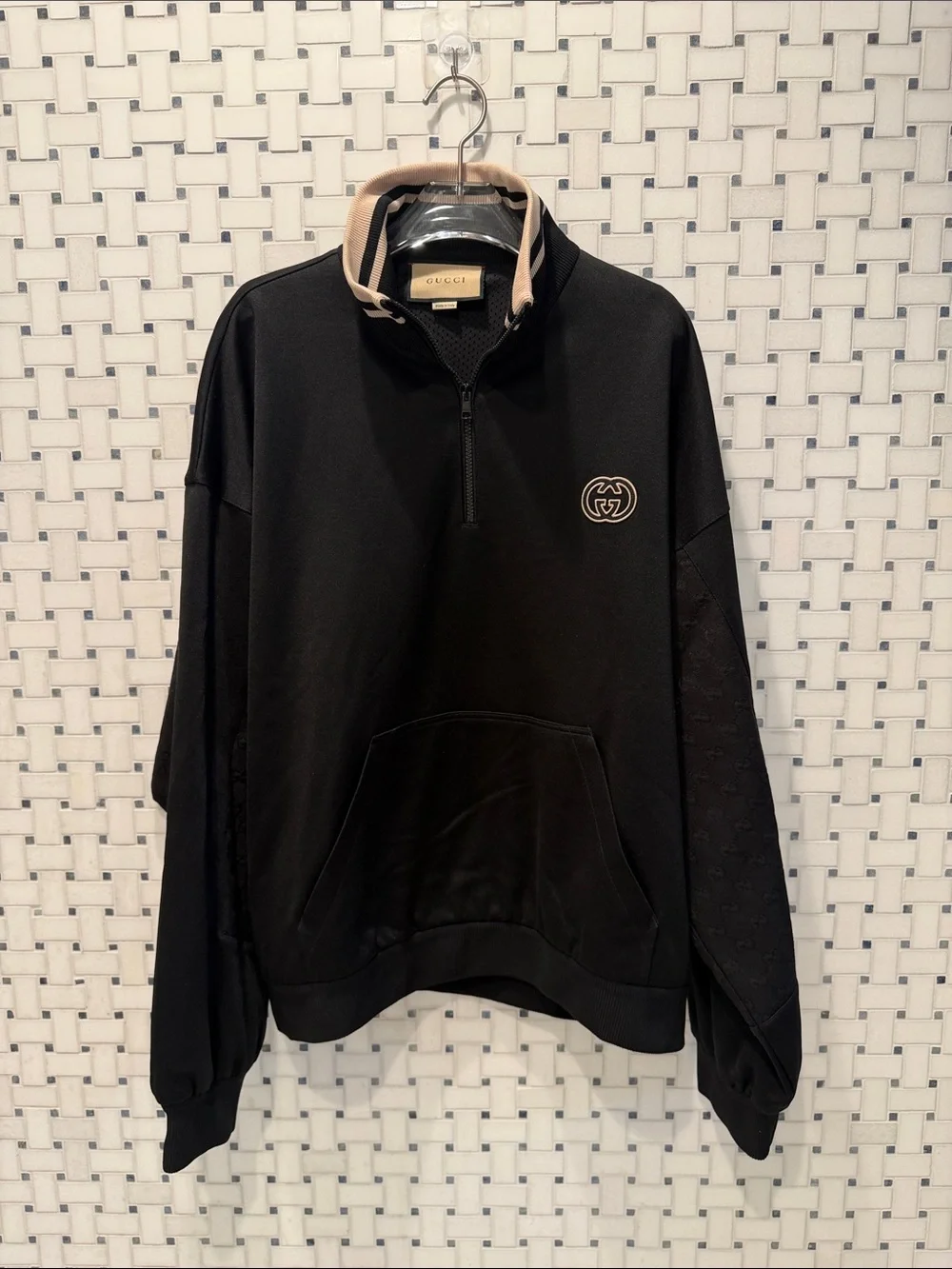 Gucci Black Half-Zip Sweatshirt with Beige-Trim Collar